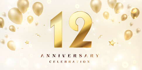 Wall Mural - 12th Anniversary celebration background. 3D Golden numbers with bent ribbon, confetti and balloons.