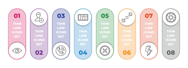 Poster - user interface infographic element with outline icons and 8 step or option. user interface icons such as visible, add user, telephone call, layout, wrong, enlarge, lightining, shutter vector.