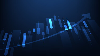 Economy and finance background concept. financial business statistics stock market candlesticks and bar chart with uptrend arrow