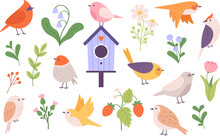 Cute Cartoon Flat Birds Clipart. Bird And Birdhouse, Leaves, Flowers And Garden Berries. Forest And Gardening Elements, Springtime Racy Vector Set