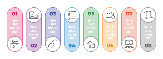 Poster - user interface infographic element with outline icons and 8 step or option. user interface icons such as octuber 31, fonts, images interface, test quiz, man certificate, add event, cinema hall, one