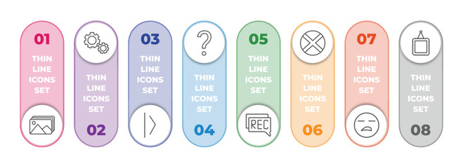 Poster - user interface infographic element with outline icons and 8 step or option. user interface icons such as photo album, gear option, slide right, question mark, recording conversation, jamaican,