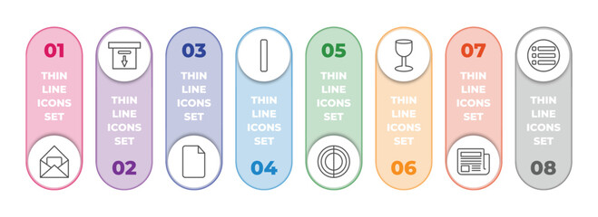 Poster - user interface infographic element with outline icons and 8 step or option. user interface icons such as open letter read email, download archive, blank file, vertical bar, hue circle, glass