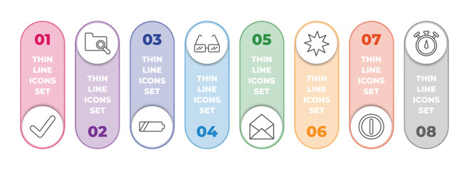 Poster - user interface infographic element with outline icons and 8 step or option. user interface icons such as tick mark, search in folder, battery medium charge, square glasses, email opened envelope,