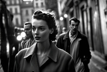 Young Woman Walking In Paris In 1950.. Monochromatic Vintage. This Image Was Created With Generative AI,