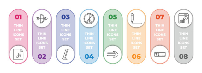 Poster - user interface infographic element with outline icons and 8 step or option. user interface icons such as music file, archer, italics, pie chart organization, slim right, gross pencil, text box,