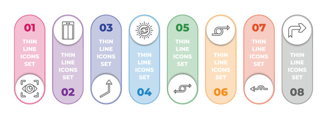 Poster - user interface infographic element with outline icons and 8 step or option. user interface icons such as viewer, lift, right up arrow, solar recycle, move content, right loop arrow, detour, right