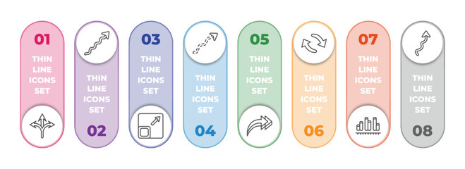 Poster - user interface infographic element with outline icons and 8 step or option. user interface icons such as three arrows, undulating arrow, size, scribble broken line, 3d turn right arrow, update