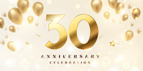 Wall Mural - 30rd Anniversary celebration background. 3D Golden numbers with bent ribbon, confetti and balloons.