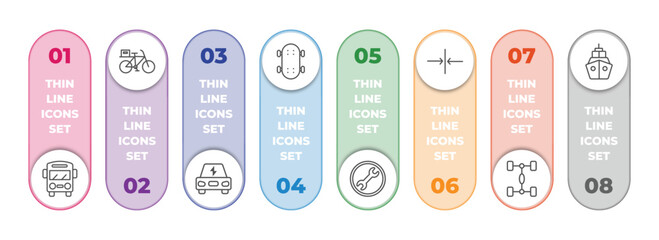Poster - transport collection. infographic element with outline icons and 8 step or option. transport collection. icons such as bus, delivery bike, electro car, longboard, repair, slim, chassis, boating