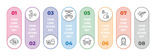 Poster - transport infographic element with outline icons and 8 step or option. transport icons such as workshop repair, car painting, fishing boat, lifter, auto, way, train front view, air transport vector.