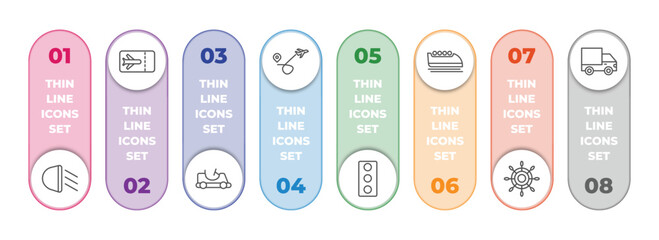 Poster - transport infographic element with outline icons and 8 step or option. transport icons such as car lights, plane tickets, go kart, airplane flying, car traffic, bobsleigh, ship wheel, heavy vehicle