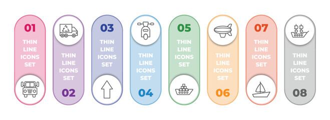 Poster - transport infographic element with outline icons and 8 step or option. transport icons such as prison bus, recycling truck, shift, motorbike, cargo ship, blimp, sail boat, galleon vector.