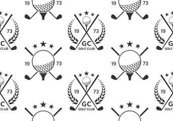 Wall Mural - Golf seamless pattern or background with crossed golf clubs and ball on tee. Vector illustration.