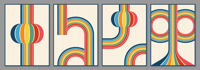 Wall Mural - abstract lines retro background set. vintage graphic pattern with stripes. rainbow poster, cover or 