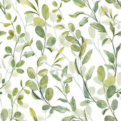 Square seamless pattern with realistic high quality watercolor botany green leaves on white background. Hand painted twigs and branches wallpapers