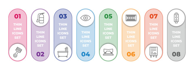 Poster - tools and utensils infographic element with outline icons and 8 step or option. tools and utensils icons such as piston on, flame extinguisher, bath tub, optical, hole puncher, film strip