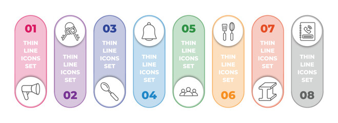 Poster - tools and utensils infographic element with outline icons and 8 step or option. tools and utensils icons such as megaphone side view, key ring with two keys, large spoon, hanging bell, squad,
