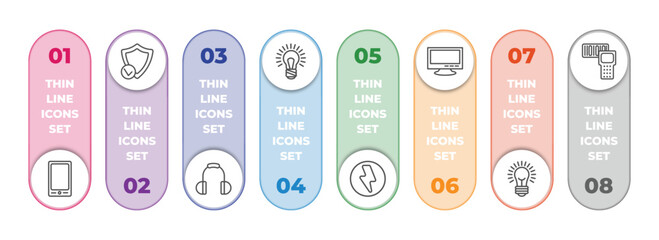 Poster - technology infographic element with outline icons and 8 step or option. technology icons such as tablet with picture, safe shield protection, big headphones, big light bulb, green flash, big tv,