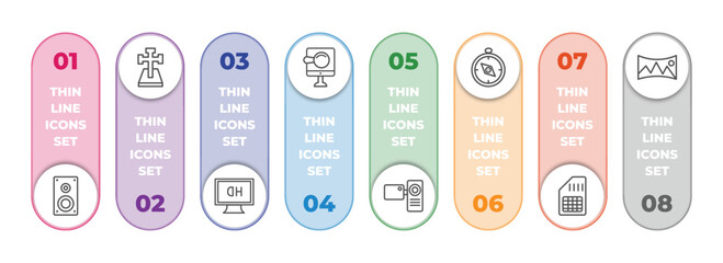 Poster - technology infographic element with outline icons and 8 step or option. technology icons such as sound box, cross stuck in ground, hd monitor, digitate, video camera front view, basic compass, big,