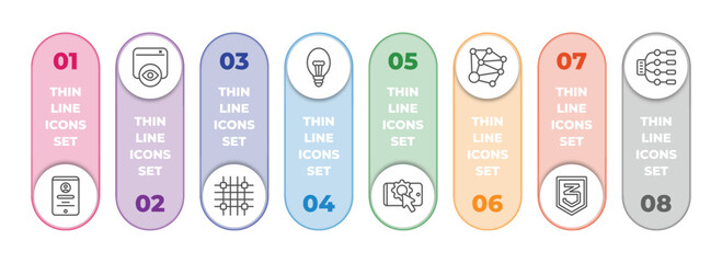 Poster - technology infographic element with outline icons and 8 step or option. technology icons such as user persona, impressions, grid system, electric light bulb, interaction, social graph, css3, type
