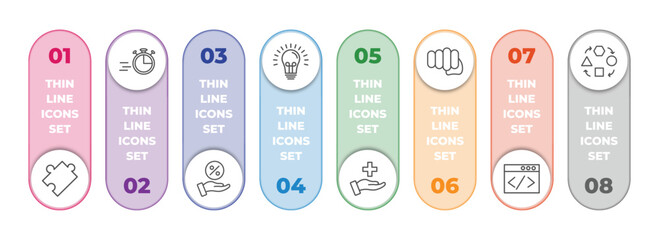 Poster - startup stategy and infographic element with outline icons and 8 step or option. startup stategy and icons such as puzzle, quick, commission, bulb, care, fist, web development, adaptation vector.
