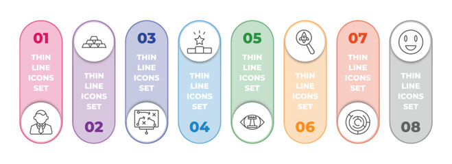 Poster - startup stategy and infographic element with outline icons and 8 step or option. startup stategy and icons such as ceo, gold ingots, strategy sketch, pedestal, strategic vision, startup project