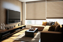 Modern Interior Living Room Design And Decoration In Earth Tone And Natural Color Furniture Fabric Sofa Tv On Woonden Wall Sunlight From Blinds Window. Condominium Showcase. Generative AI