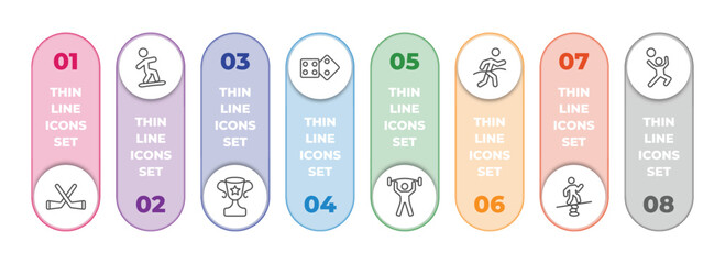 Poster - sports infographic element with outline icons and 8 step or option. sports icons such as hockey, snowboarding, sport trophy, board gaming, exercise gym, marathon champion, man balancing, man playing