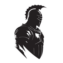 Medieval Knight In Armor, Vector Logo. Simple Clean Modern Icon Of A Warrior With Shield And Helmet Going To Battle. Military Soldier. Idea Of Protection, Security. Business Mascot. Sword Badge.