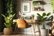 Stylish Home Office Design Includes A Wooden Desk, Natural Elements, An Avocado Plant, A Bamboo Shelf, Plants, And Rattan Accents. Neutral Interior Design. Generative AI