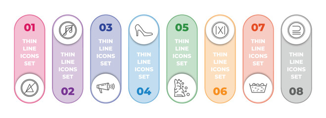 signs infographic element with outline icons and 8 step or option. signs icons such as no bleaching, no music, shout, high heels, landslide, absolute, washing, is a sub of vector.