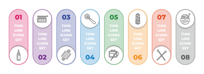 Poster - sew infographic element with outline icons and 8 step or option. sew icons such as glue, handloom, w