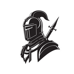 Medieval knight in armor, vector logo. Simple clean modern icon of a warrior with shield and helmet going to battle. Military soldier. Idea of protection, security. Business mascot. Sword badge.