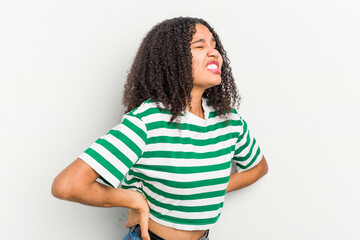 Wall Mural - Young african american woman isolated on white background suffering a back pain.