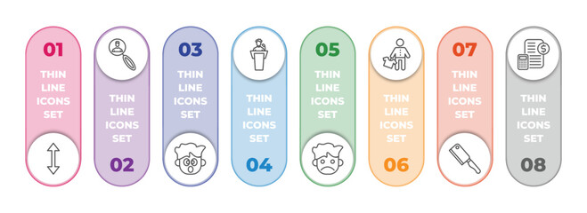 Poster - people infographic element with outline icons and 8 step or option. people icons such as vertical, recruit, surprised smile, man giving a speech, sad smile, salesman working, butcher with knife,