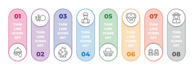 Poster - people infographic element with outline icons and 8 step or option. people icons such as serve, effort, juggling ball, dutch, zorro, old man, friends, bedouin vector.