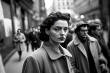 Young Woman Walking In Paris In 1950.. Monochromatic Vintage. This Image Was Created With Generative AI,