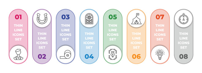 Poster - miscellaneous infographic element with outline icons and 8 step or option. miscellaneous icons such as swiss, horseshoes, adhesive tape, stained glass window, will, refugee, thinking solutions,