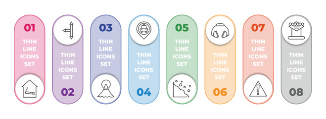 Poster - maps and flags infographic element with outline icons and 8 step or option. maps and flags icons such as smoking place, left intersection, mount fuji, taxi stop, rock landslide safety, ear