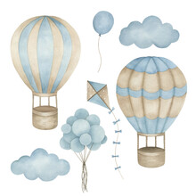 Watercolor Set With Hot Air Balloons, Clouds And Kite. Hand Painted Vintage Isolated  Illustration On White Background.