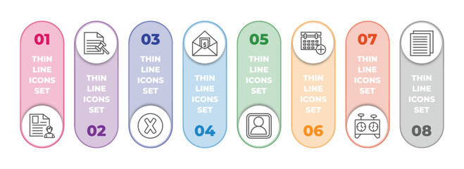 Poster - human resources infographic element with outline icons and 8 step or option. human resources icons such as cv, grievance, quit, salary, profiles, appointment, chess clock, files vector.