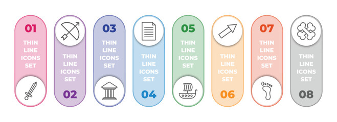 Poster - history infographic element with outline icons and 8 step or option. history icons such as sword, arc, greek, paper, viking ship, arrow, footprint, bones vector.