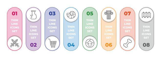 Poster - history infographic element with outline icons and 8 step or option. history icons such as swords, archaeological, cart, fossil, face, ancient, bone, trifold vector.
