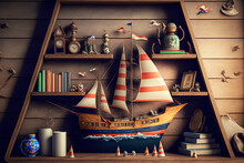 On A Wooden Table Are Nautical Boat Shaped Shelves And Nautically Themed Items. Filtered Vintage. Generative AI