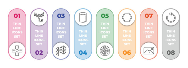 Poster - geometry infographic element with outline icons and 8 step or option. geometry icons such as intersection, polygonal scorpion, polygonal megaphone, cylinder, spiral, octagon, background, rotate