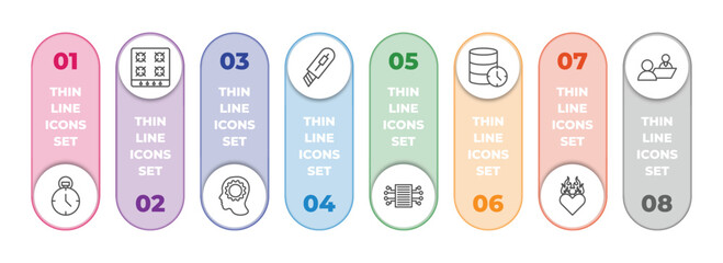 Poster - general infographic element with outline icons and 8 step or option. general icons such as analog stopwatch, hob, realization, stationery knife, smart contract, real time data, heart in flames, job
