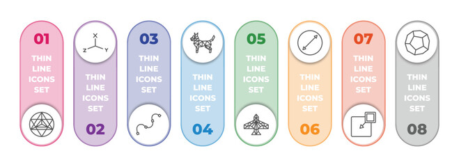 Poster - geometry infographic element with outline icons and 8 step or option. geometry icons such as metatron cube, coordinates, spline, polygonal dog, polygonal jet aircraft, diameter, insert, dodecahedron
