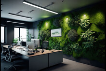 Office Green Walls With Artificial Moss And Plants. Generative AI