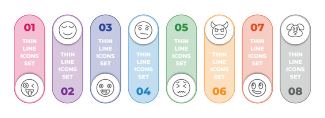 Poster - emoji infographic element with outline icons and 8 step or option. emoji icons such as crazy emoji, calm stupid confused disgusted angry with horns imagine dog vector.